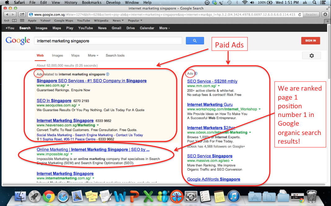 Page 1 position number 1 for keyword "Internet Marketing Singapore"