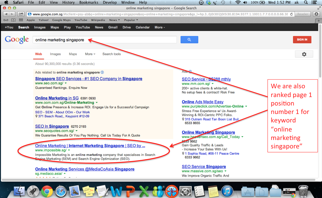 Ranked page 1 position number 1 on keyword "online marketing singapore"