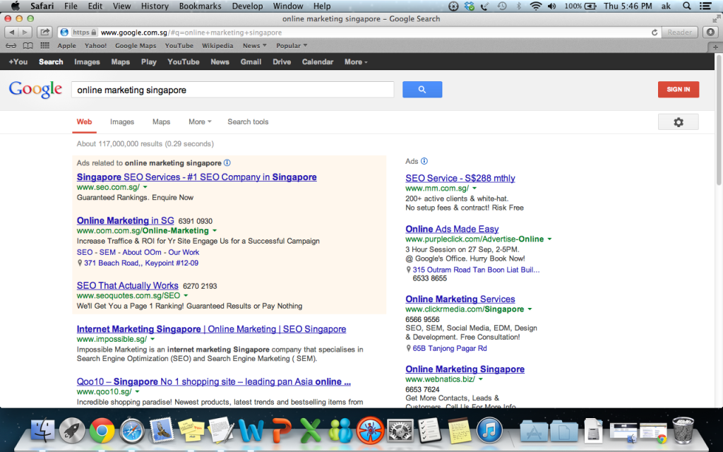 Google "Online Marketing Singapore" and we are also ranked page 1 number 1