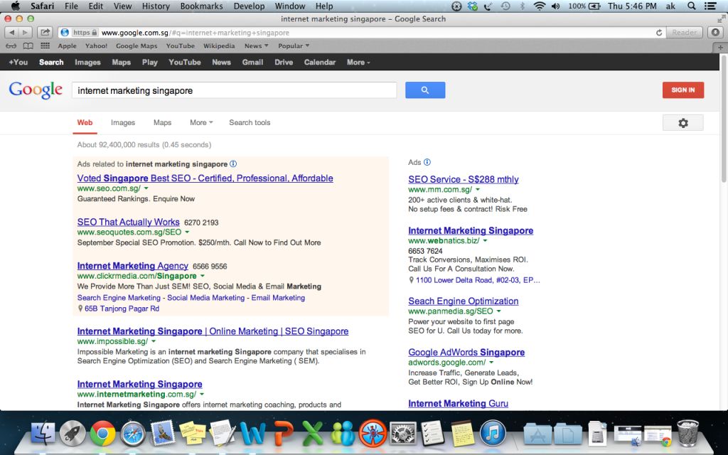 Singapore SEO Google "Internet Marketing Singapore" and we are also ranked page 1 number 1