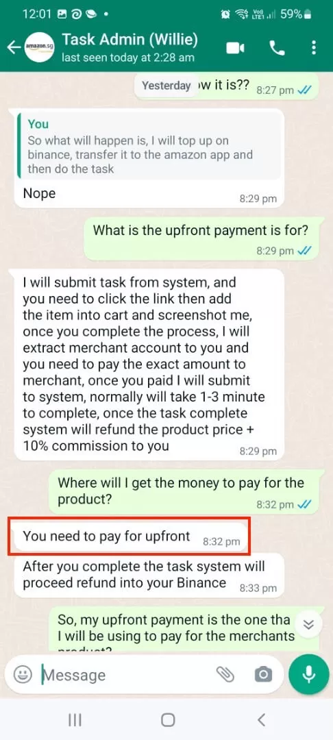 Scammer States Payment Required Upfront