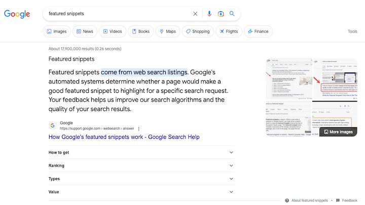 Sample of featured snippets with blue highlight