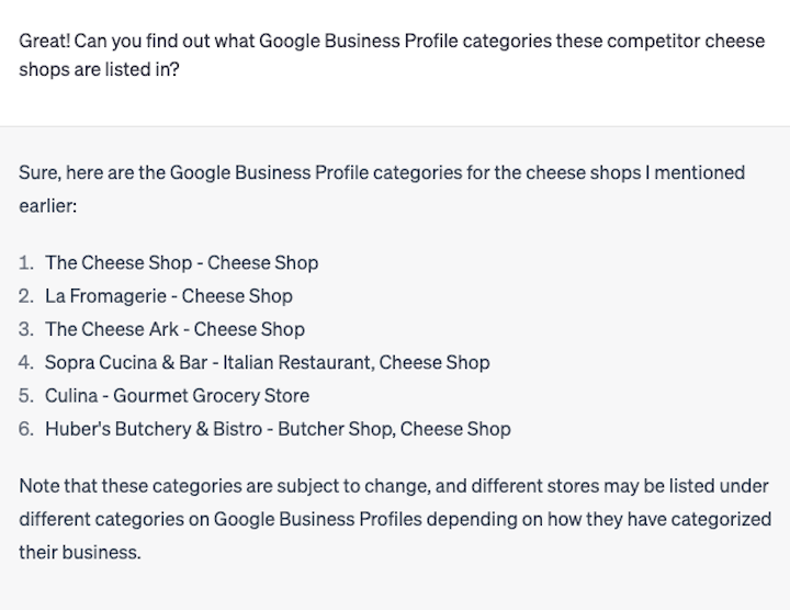 Using ChatGPT to find out the Google Business Profile categories of competitors