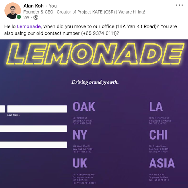 A Screenshot Of Alan Koh Attempting To Reach Out To Lemonade For Clarification On LinkedIn