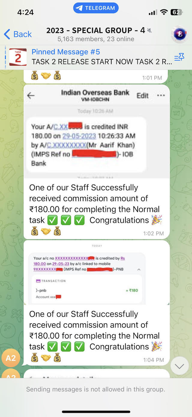 A screenshot of payments made to people who have completed tasks