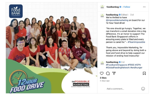 Impossible Marketing proudly partnered with The Food Bank Singapore to participate in their inaugural 12-Hour Food Drive